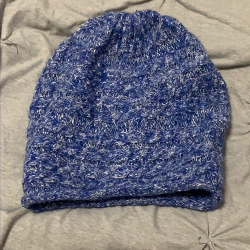 Blue and white knit beanie